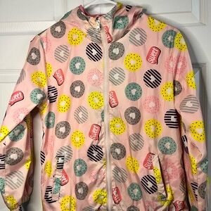 Girls Donut Print Hooded Rain Jacket Size 140 Pink Lightweight Coat